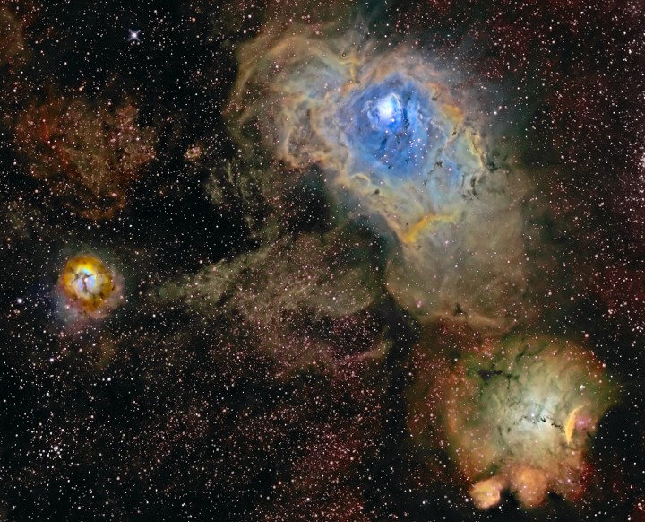 M8 und M20, der Lagunennebel und der Trifidnebel sowie der Nebel NGC 6559 leuchten im nebelreichen Sternbild Schütze.