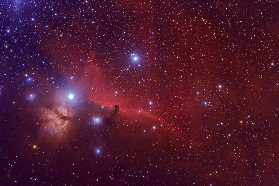 Links im Bild sind der Flammennebel und der Pferdekopfnebel. Das Pferd ist eine dunkle Wolke, die vor einem roten Emissionsnebel liegt, daher sieht man sie überhaupt. Um die beiden bekannten Nebel leuchten einige helle, blaue Sterne. Das Bild ist von vielen kleineren Sternen übersät.