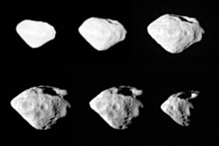 Sechs Ansichten des Asteroiden Šteins, welche die Raumsonde Rosetta bei ihrem Vorbeiflug fotografierte.