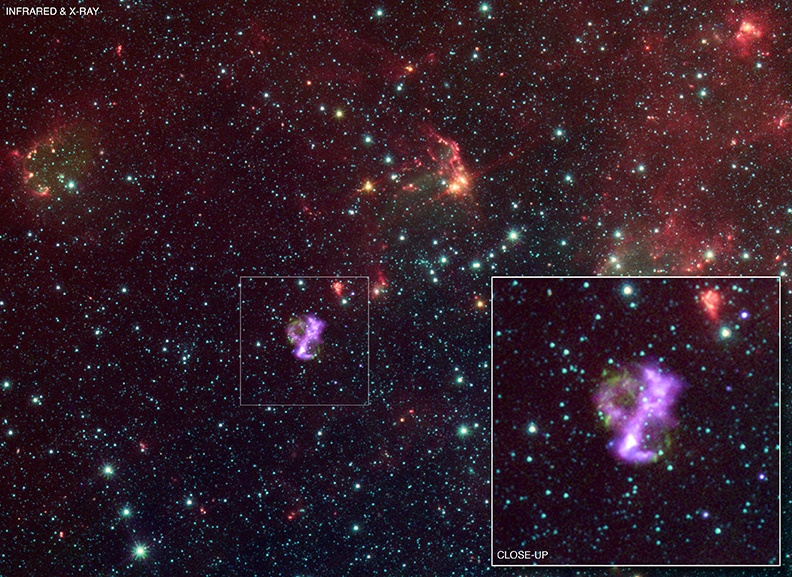 Im Bild sind Strne verteilt, dazwischen leuchten violette und rötliche Nebel. Der Einschub rechts unten zeigt den violetten Nebel vergrößert.
