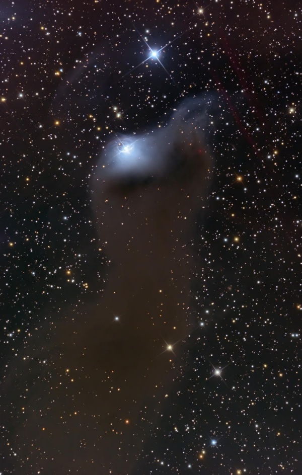 Vor einem gestirnten Hintergrund erhebt sich eine Staubgestalt, die an eine Sockenpuppe erinnert. Sie ist dunkelbraun, oben leuchtet sie blau, wo sie von einem Stern beleuchtet wird. Der Stern befindet sich fast am oberen Ende der Gestalt.