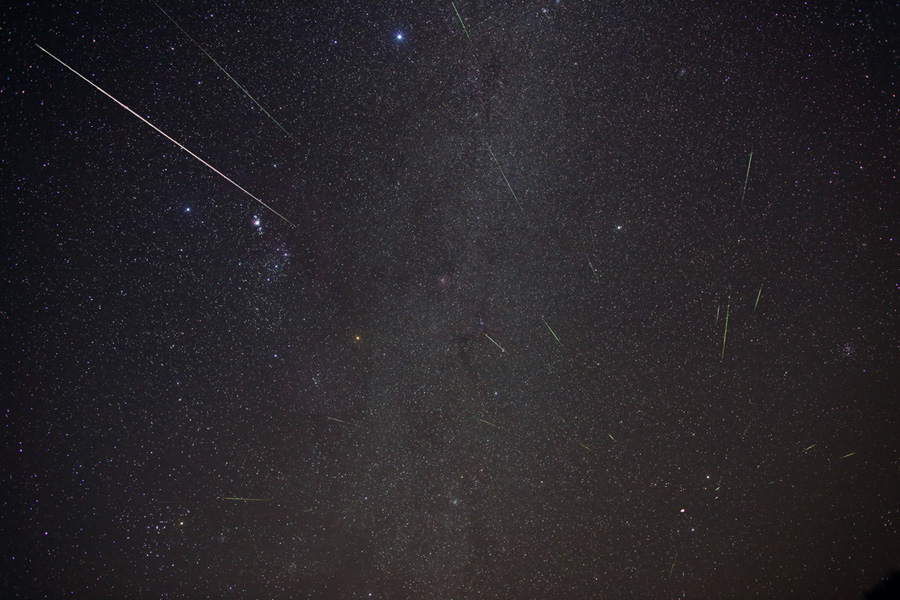 Vor einem sternklaren Hintergrund mit Orion, Sirius und den Zwillingen blitzen zahlreiche Meteore auf.