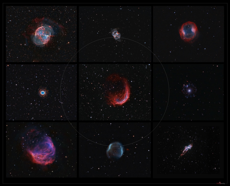 Die Matrix aus 3x3 Bildern zeigt planetarische Nebel. Sie sind in