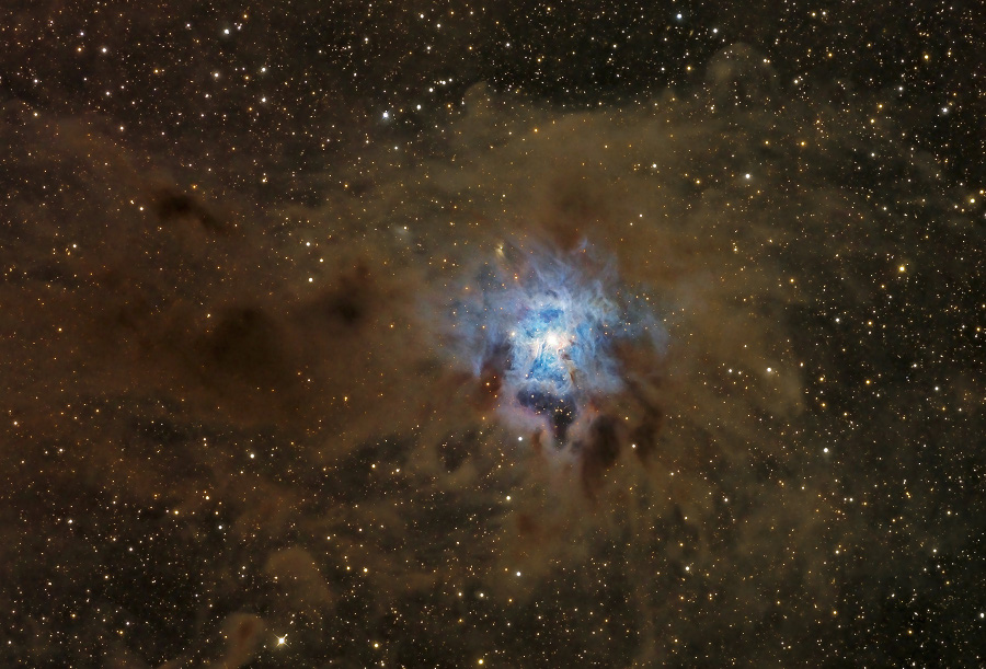 Mitten in einer dunkelbraunen Staubwolke leuchtet ein blauer Nebel um einen Stern.