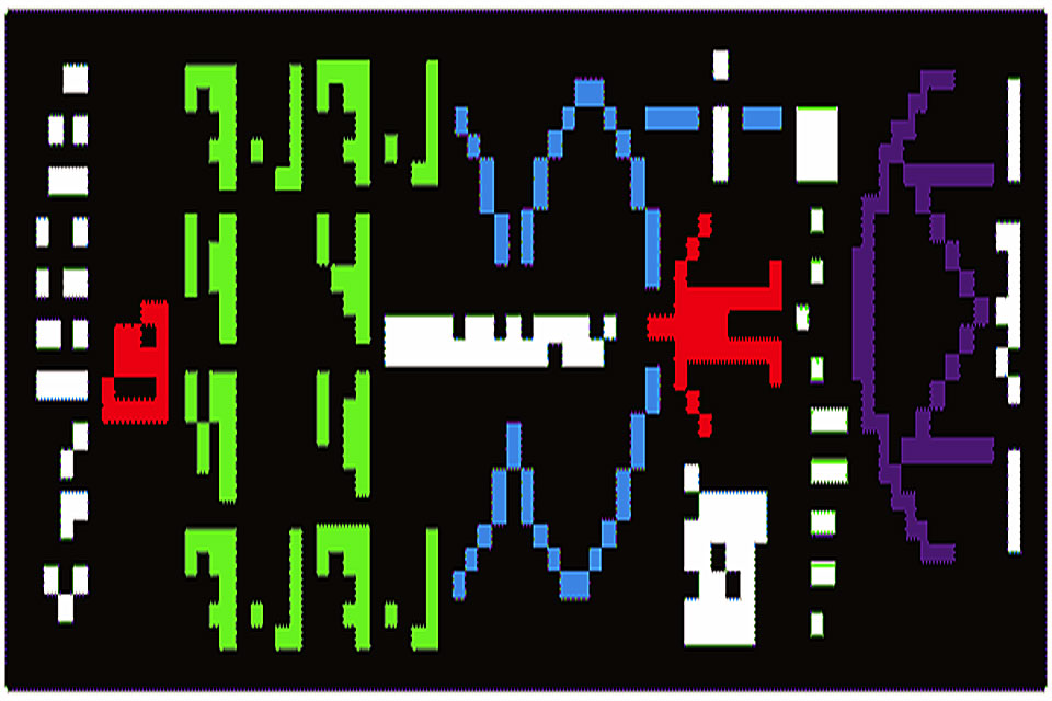 Das Bild zeigt eine waagrecht gestauchte Grafik einer Botschaft, dit mit dem Arecibo-Ratioteleskop zum Kugelsternhaufen M13 geschickt wurde.