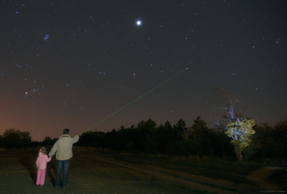 Ein Vater hält links im Bild seine Tocher an der Hand. Er zeigt mit einem Laserpointer zum Himmel. Links im Bild leuchten oben die Plejaden und unten die Hyaden.