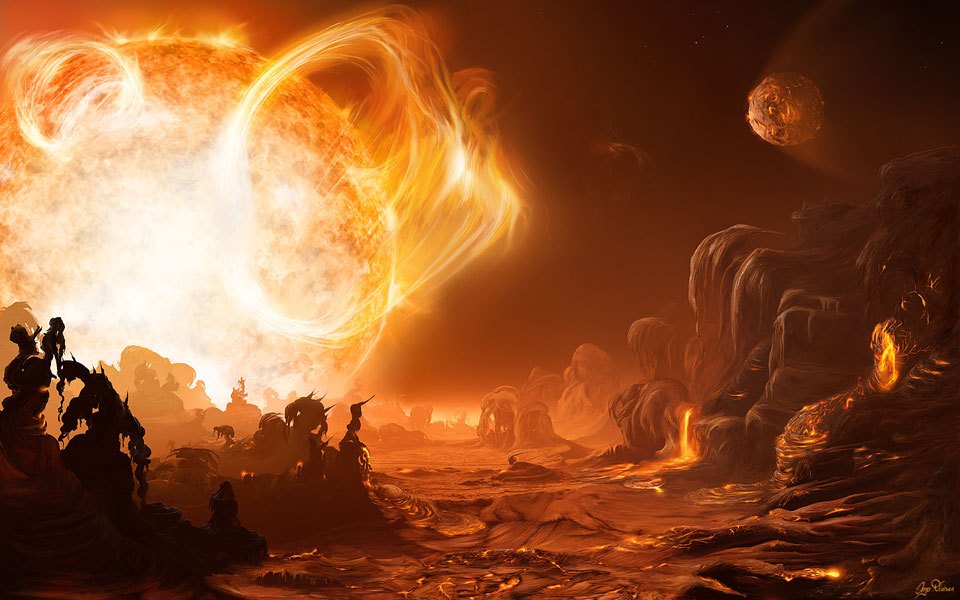 Am Himmel des Planeten Gliese 876d geht der rote Zwergstern auf, um den er kreist. Der Stern links ist von mächtigen Protuberanzen umgeben. Die Landschaft wirkt unwirtlich und vulkanisch.