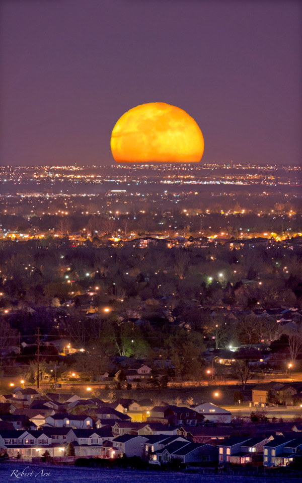 Hinter einer dicht besiedelten, hell erleuchteten Stadt geht der Vollmond auf. Die Stadt reicht bis zum Horizont.