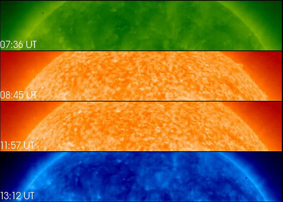 Die bunten Bildstreifen - oben grün, in der Mitte zwei orange-rote und unten ein blauer - zeigen die Sonne in verschiedenen Wellenlängen, davor ist der winzige Planet Merkur.