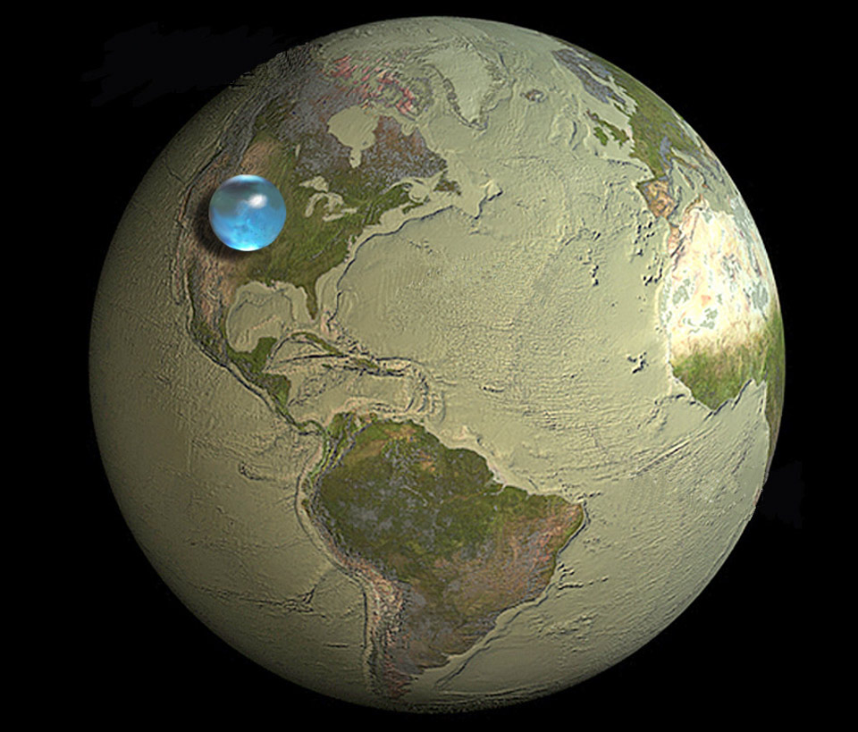 Die Erde ist ohne Wasser dargestellt. Das Wasser der Erde ist als kleine blaue Perle abgebildet.