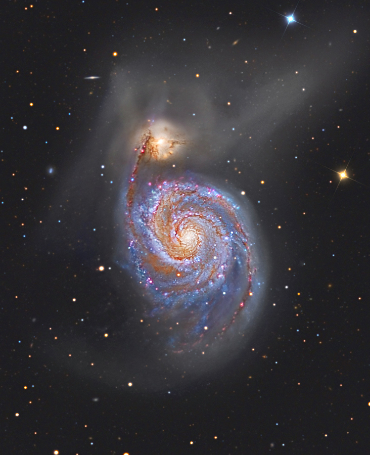 Mitten im Bild prangt markant die Doppelgalaxie M51, die Strudelgalaxie. Unten ist die größere Spiralgalaxie mit blauen Sternhaufen entlang der Spiralarme. Oben ist der kleinere, gelbliche Begleiter, der über eine Materiebrücke verbunden ist.