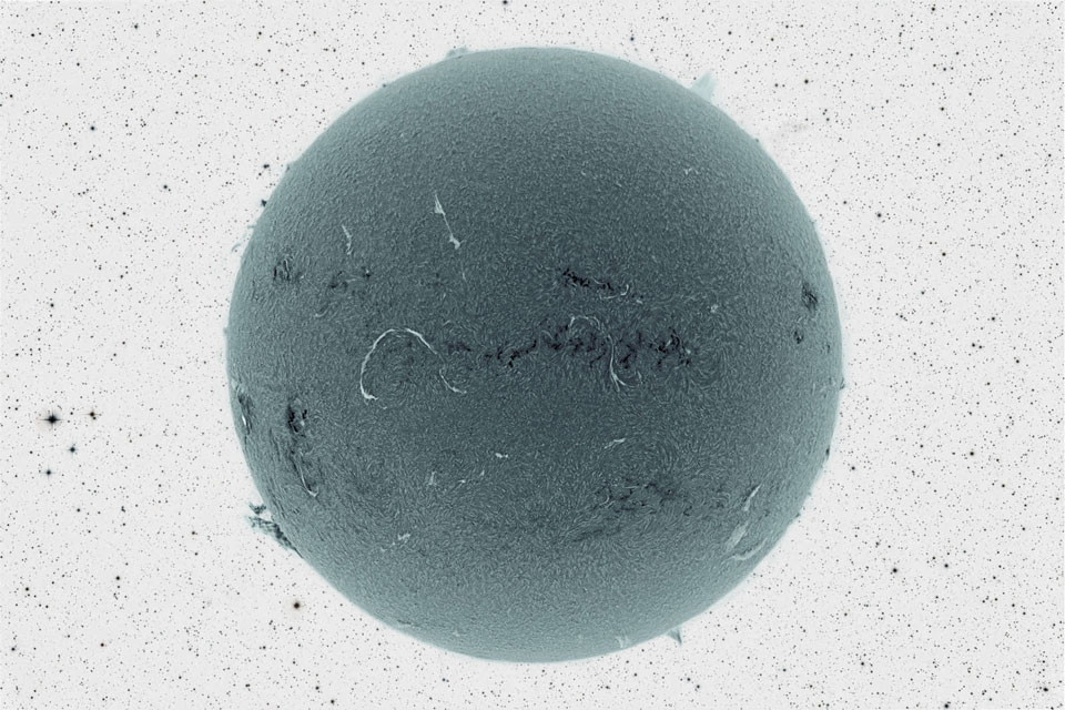 Mitten im Bild schwebt ein blaugrauer Ball, der am Rand heller wird. Er ist von hellen und dunklen Fasern überzogen und granuliert. Der helle Hintergrund ist schwarz gesprenkelt.
