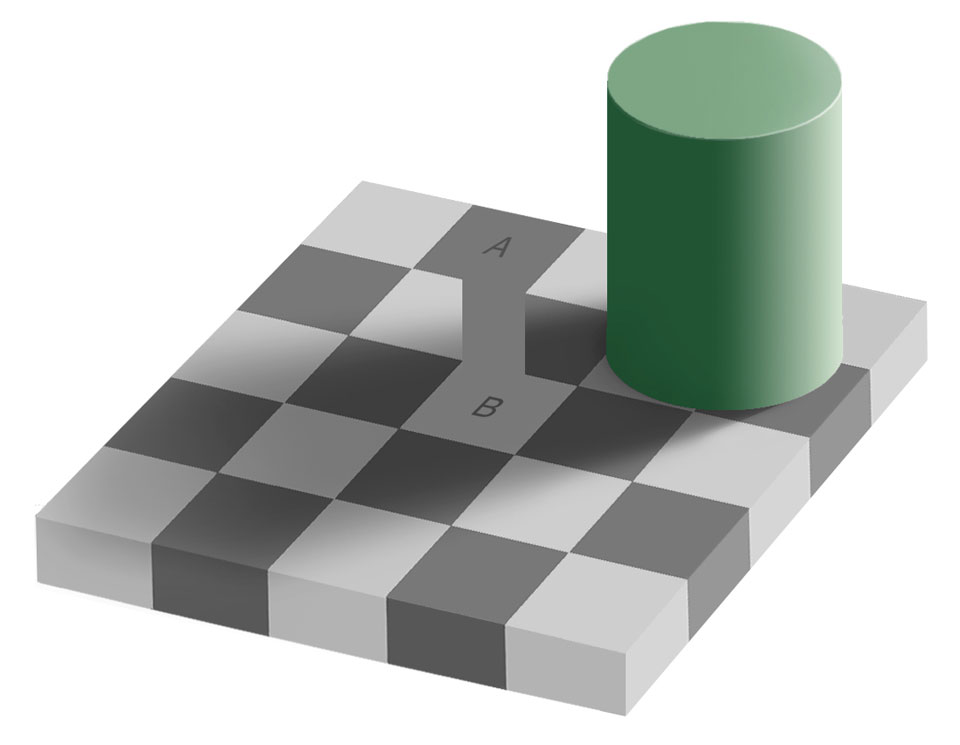 Das Bild zeigt eine optische Täuschung. Zwei gleich helle Felder eines Schachbrettmusters wirken verschieden hell, weil eines in einem Schatten dargestellt ist.
