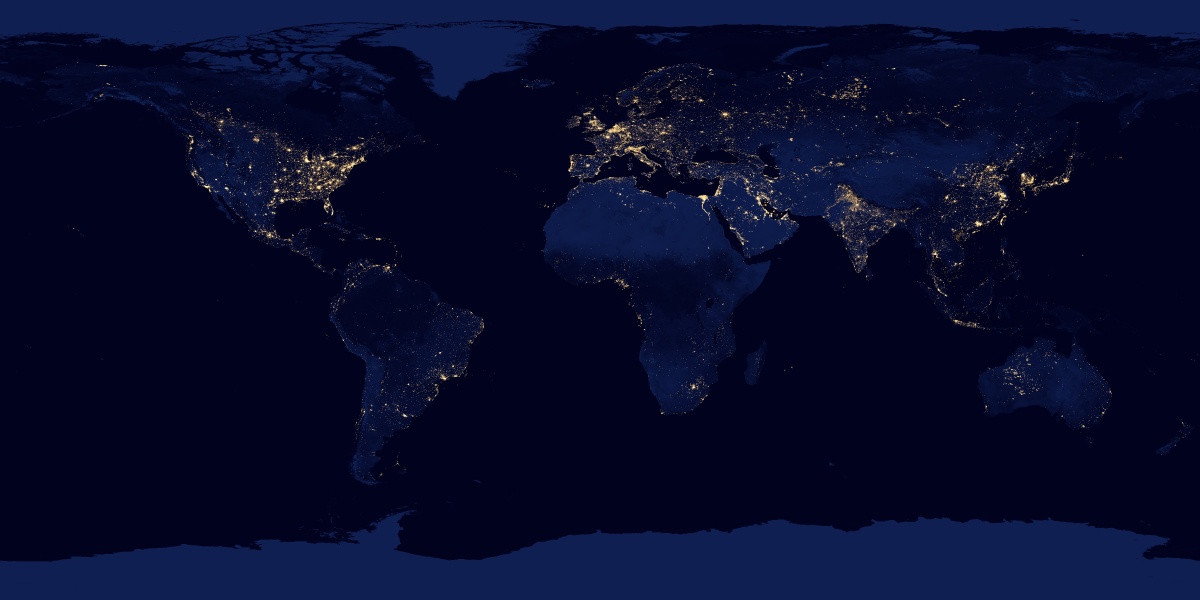 Die Erdoberfläche bei Nacht wird nachts beleuchtet. Das Licht zeigt Ballungszentren und menschliche Aktivität. Die Aufnahme entstand aus Bildern des Satelliten Suomi-NPP.