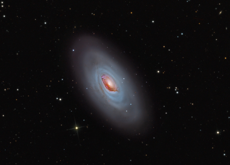 In der Mitte leuchtet eine Galaxie, die sehr verschwommen und wolkig aussieht. Die Arme sind weich und strukturlos und nebelig, in der Mitte leuchtet ein rotes, innen weißes Zentrum. Im Hintergrund sind sehr wenig Sterne verteilt.