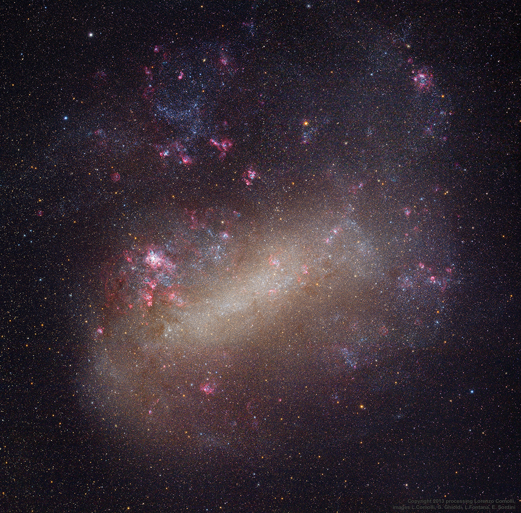 Die Große Magellansche Wolke (GMW) ist mit einem beschrifteten Bild überlagert. Links leuchtet die riesige Sternbildungswolke 30 Doradus.