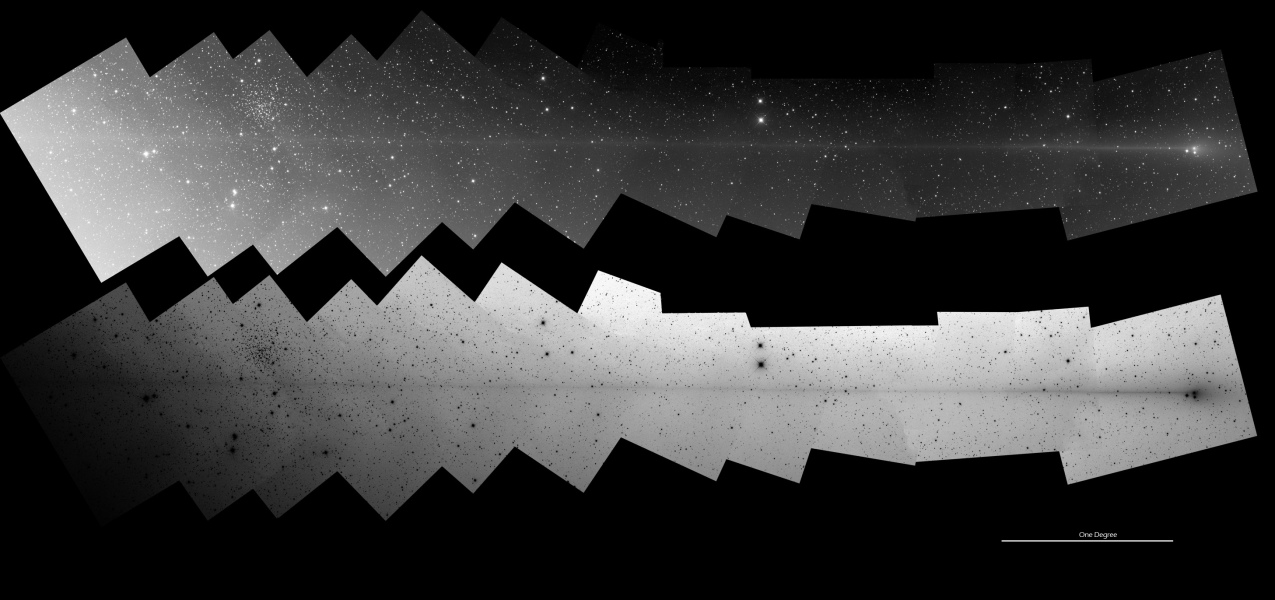 Ein Panorama aus 13 Einzelbildern ist als Positiv und Negativ abgebildet. Es zeigt den langen Gegenschweif des Kometen PanSTARRS, als er in der Nähe der Erde stand.