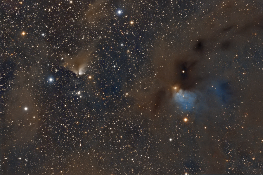 Vor einem Hintergrund aus Sternen ranken sich bräunliche Nebel mit einigen weiß beleuchteten Stellen. Teile davon sind blau beleuchtet.
