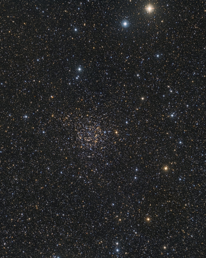 Der Sternhaufen im Bild wurde von Caroline Herschel entdeckt. Er liegt mitten im Bild. Zusammen mit Sternen und dunklen Stellen erinnert er an eine Rose.