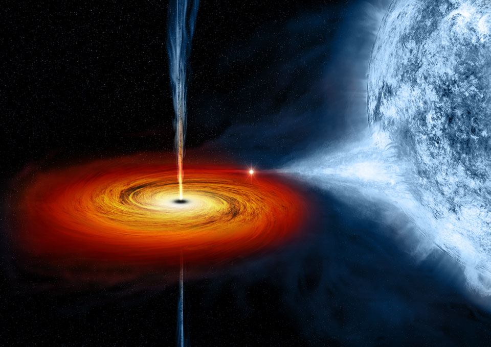 Das Bild ist eine Illustration des Sternsystems 4U1630-47. Links in der Mitte ist eine rotierende Scheibe, außen rot, innen gelb. Nach oben und unten schießt senkrecht zur Scheibe ein Strahl heraus. Rechts ist ein großer, blauweißer Stern, von dem Materie zur Akkretionsscheibe fließt.