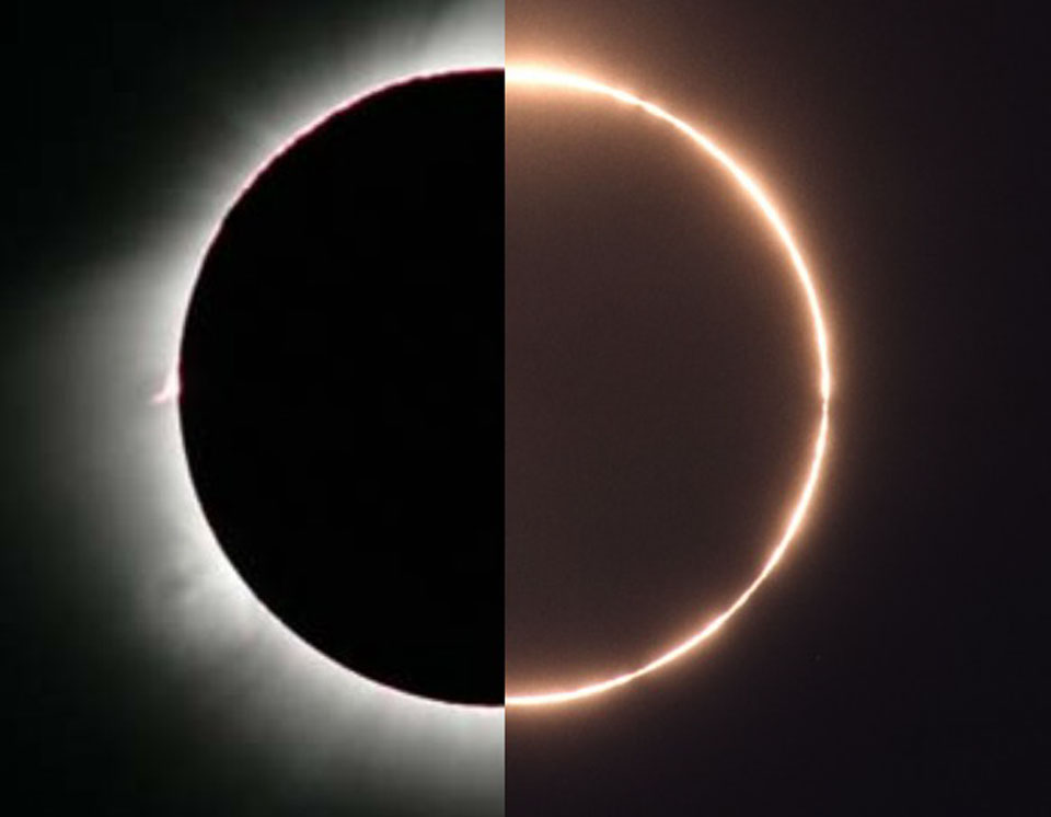 Die Bilder zeigen dieselbe Sonnenfinsternis. Im linken Bild ist die Finsternis total, im rechten ist sie ringförmig. Es ist eine sogenannte hybride Finsternis.