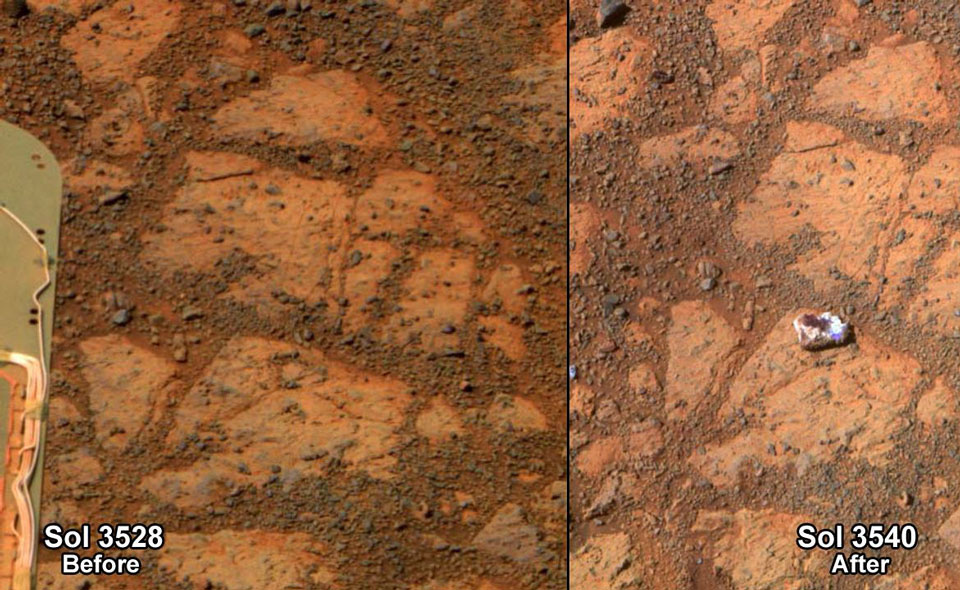 Zwei Bilder desselben Areals auf der Marsoberfläche zeigen rechts einen hellen Stein, der wenige Tage zuvor noch nicht dort gelegen hatte. Der rote Boden ist von dunklen Rissen und Geröll überzogen.