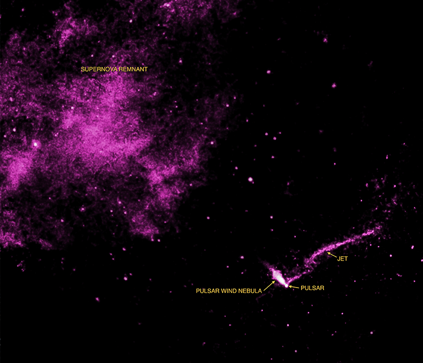 Der Leuchtturmnebel ist im Bild rechts unten abgebildet, der Supernovaüberrest, von dem er ausgeschleudert wurde, leuchtet links oben. Alle Nebel im Bild sind violett abgebildet.