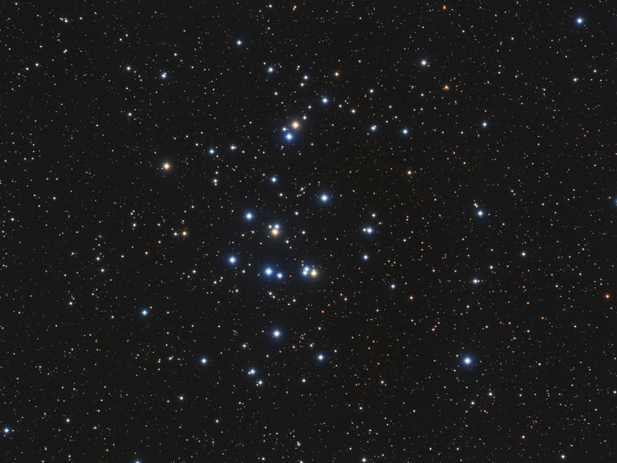 Der Sternhaufen M44 im Sternbild Krebs ist seit der Antike bekannt. Zwischen blau leuchtenden Sternen sind im Bild auch einige orangefarbene Rote Riesen verteilt.