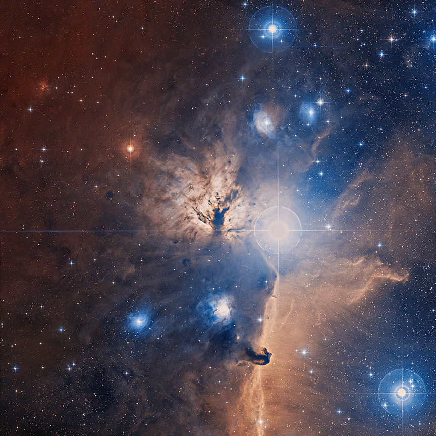 Das Bild zeigt den Flammennebel im Sternbild Orion und seine Umgebung. Darüber wurde eine Röntgen-Infrarot-Abbildung gelegt.