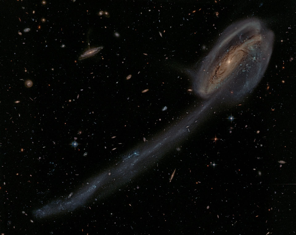Die Spiralgalaxie Arp 188 rechts oben im Bild ist seltsam verschlungen und zieht einen langen Schweif hinter sich her, der diagonal nach links unten durchs Bild verläuft.