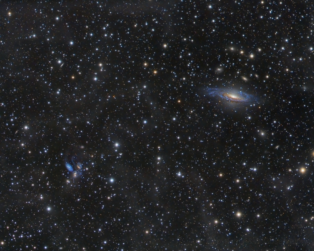 An der Grenze des Sternbildes Pegasus liegen die Galaxie NGC 7331 und Stephans Quintett nur einen halben Grad voneinander entfernt.