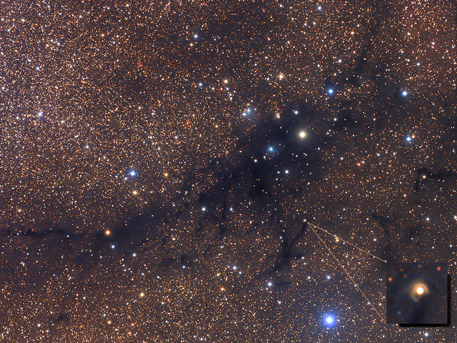 Durch das dicht mit Sternen gefüllte Feld verläuft eine dunkle Ranke. Es ist der Nebel LDN 988. Der Bildeinschub rechts unten zeigt den Stern V1331 Cygni.