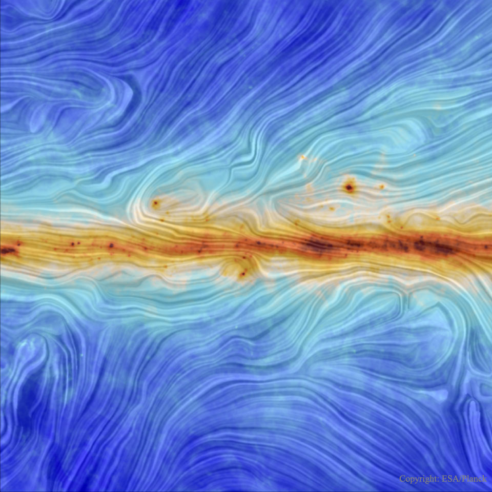 Das dunkelbraune Band mit orange gefärbten Rändern ist das Zentralband der Galaxis. Nach oben und unten verlaufen die Farben über Gelb und Cyan zu Blau. Das ganze Bild ist von starken Schlieren durchzogen. Die Schlieren stammen vom Magnetfeld der Galaxis.