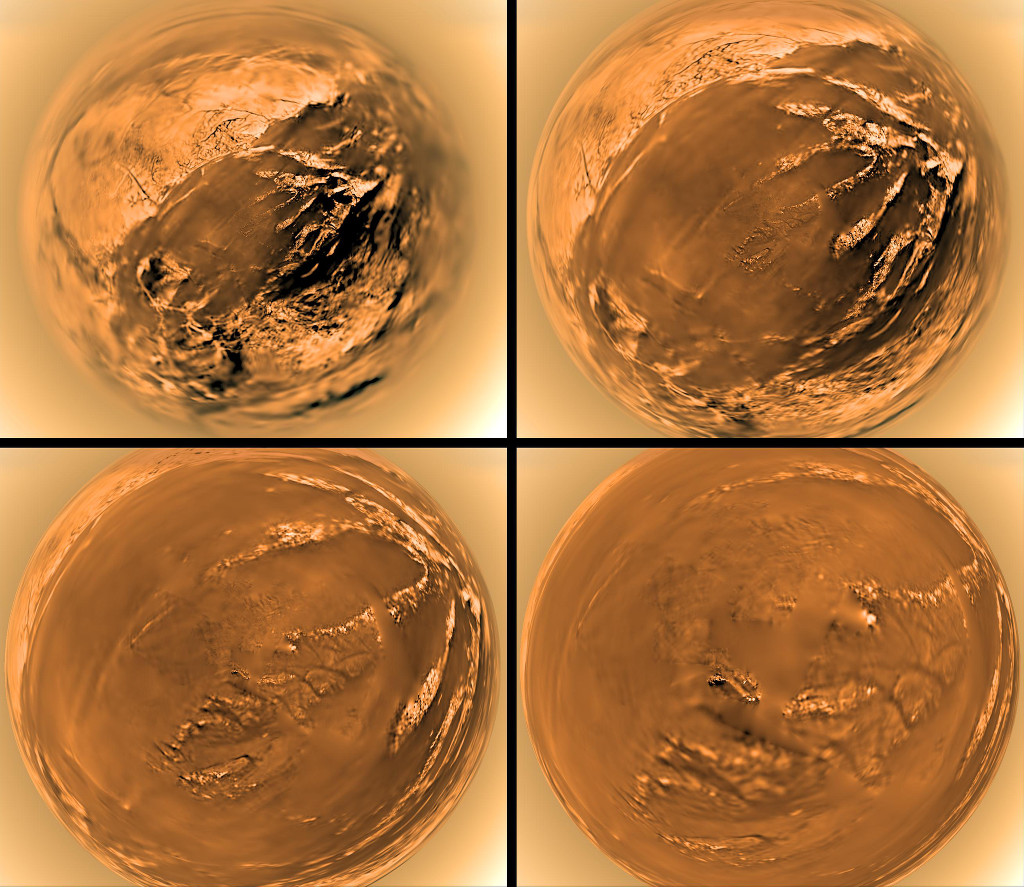 Die vier Bildfelder zeigen die Sicht der Landesonde Huygens, die mit Cassini ins Saturnsystem flog. Die Aufnahmen zeigen den Abstieg zum Saturnmond Titan in vier Bildfeldern.