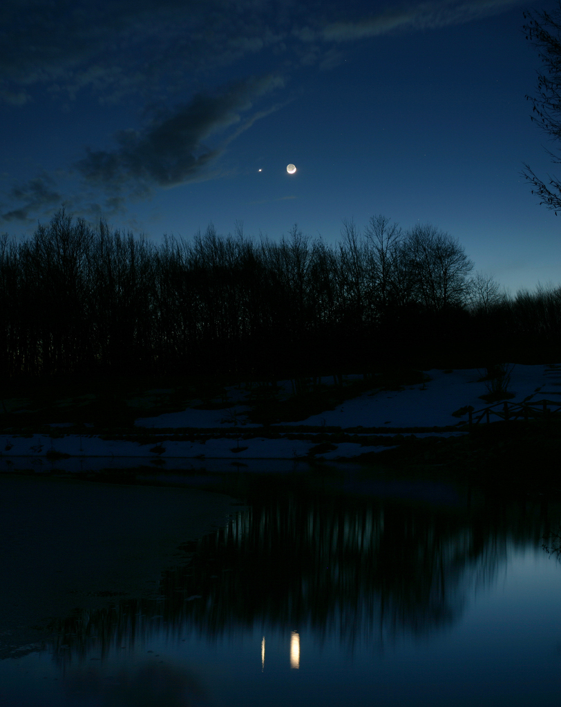 Am Abendhimmel in der Blauen Stunde leuchten der Sichelmond und die helle Venus über den Silhouetten von kahlen Bäumen. Unten spiegelt sich die Szenerie auf einem ruhigen Gewässer.