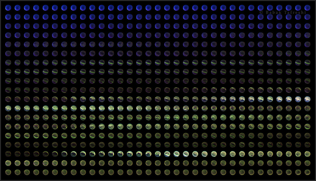 Mehr als 600 Aufnahmen des ganzen Himmels wurden auf diesem Raster angeordnet. Von links oben nach rechts unten zeigen sie, wie sich Polarlichter am Himmel im Lauf von 2 Stunden entwickeln. Die Bilder erinnern an bunte Murmeln.