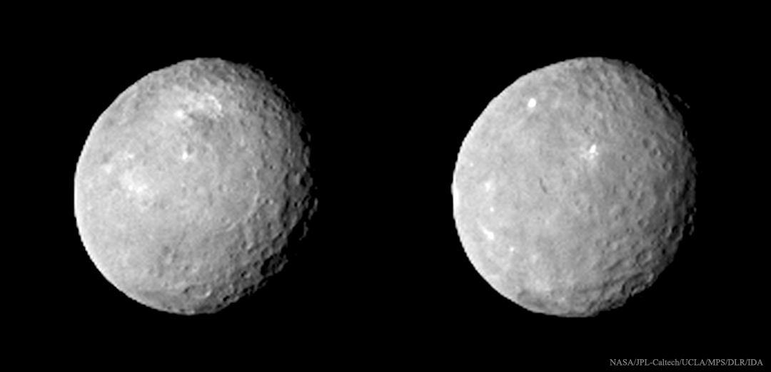Die Raumsonde Dawn schickt Bilder des Zwergplaneten Ceres, auf denen Krater und rätselhafte Flecken erkennbar sind.