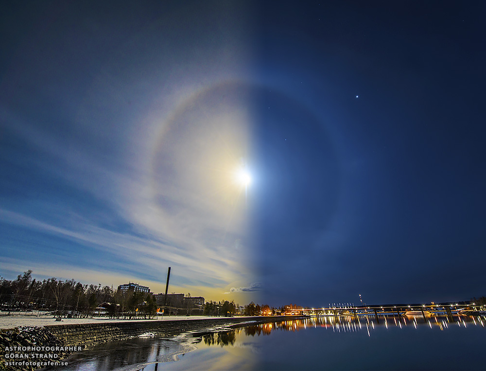 Das Bild zeigt zur Hälfte den Tag und zur Hälfte die Nacht über dem schwedischen Östersund. Sonne und Mond stehen an derselben Stelle am Himmel. Beide sind von einem 22-Grad-Halo umgeben, das durch Eiskristalle entstand.