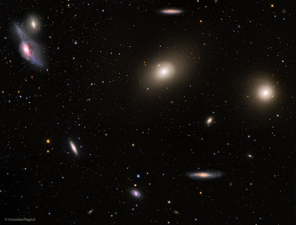 Der Virgo-Galaxienhaufen ist am Himmel relativ groß. Hier sid die hellsten Galaxien im Bild verteilt, die sich darin befinden. Dazwischen leuchten dünn verteilte Sterne.