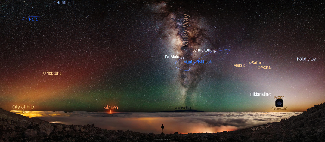 Das Panorama blickt vom Gipfel des Mauna Kea nach Süden. Unten breitet sich eine Wolkendecke aus, oben ein fantastischer Himmel. Das Bild ist mit einer beschrifteten Version überlagert.