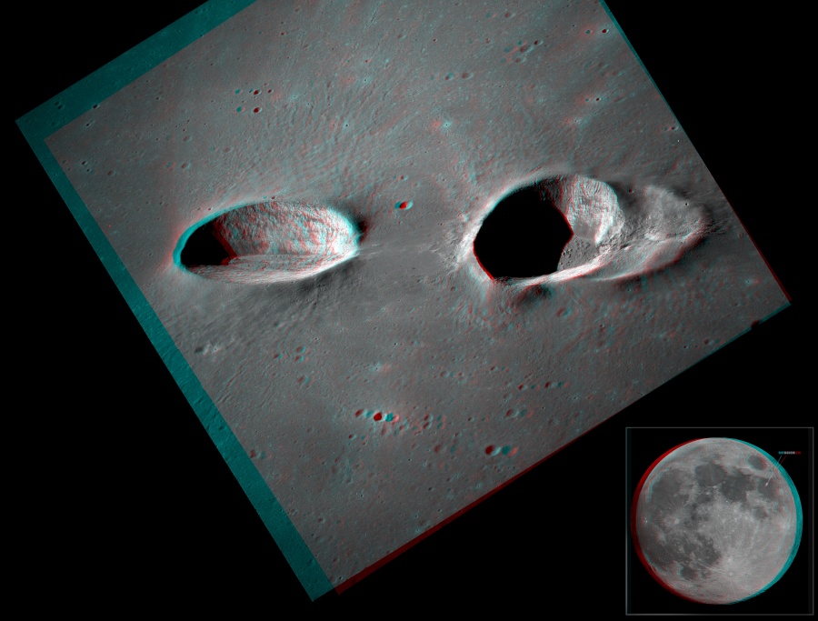 Die Anaglyphe zeigt die beiden Mondkrater Messier und Messier A. Sie ragen aus dem glatten Mondboden im Meer der Fruchtbarkeit.