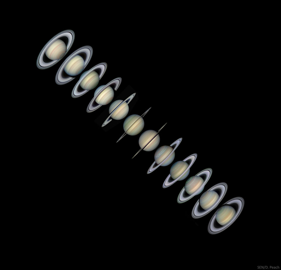 Im Bild wurden zwölf Bilder des Planeten Saturn kombiniert, sie zeigen die Entwicklung des Planeten im Lauf der Jahreszeiten auf dem Planeten.