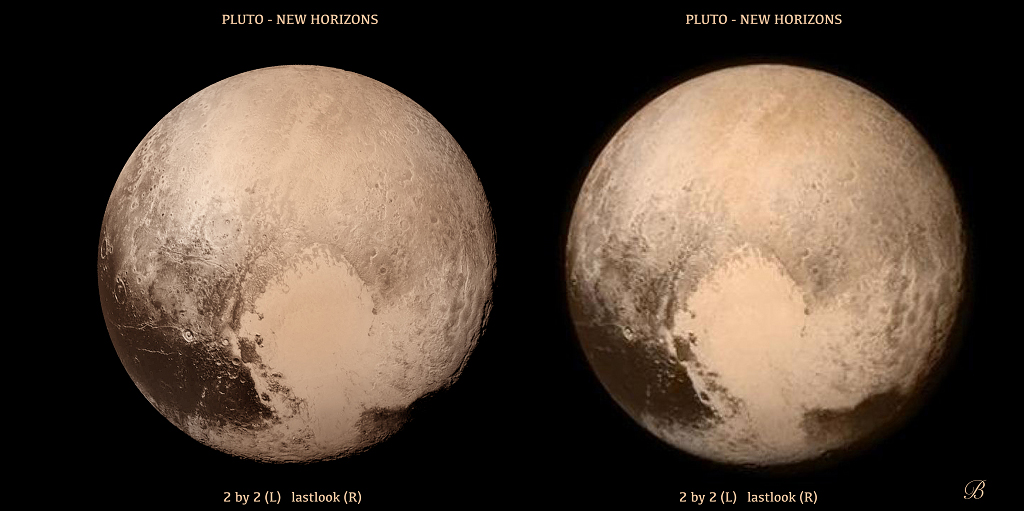 Das Bildpaar zeigt Pluto aus leicht unterschiedlichen Blickwinkeln. So sieht man ihn durch Schielen dreidimensional. Die Bilder wurden vom Physiker und Musiker Brian May kombiniert.