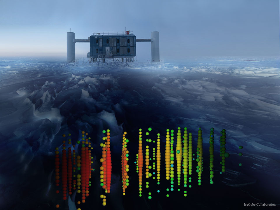 Oben ist ein Bild des IceCube-Observatoriums im Eis der Antarktis. Darunter ist eine Illustration der Detektoren, die Teilchen messen. Sie sind im Eis eingefroren.