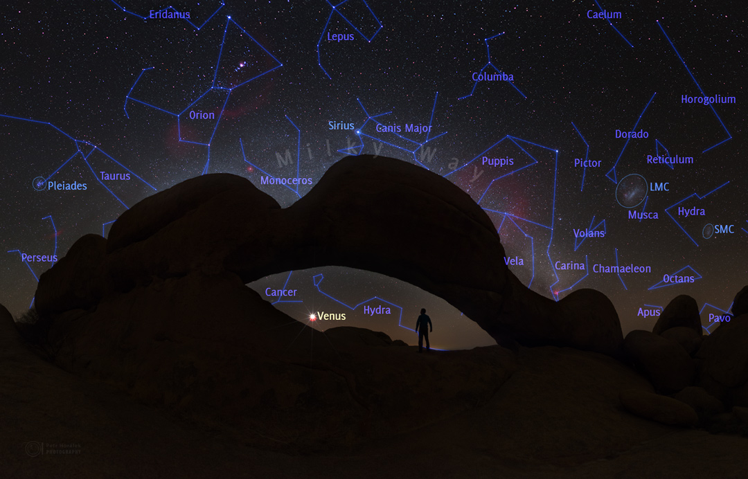 Durch eine natürliche Felsbrücke sieht man die gleißende Venus und einen Astrofotografen. Am Himmel leuchten viele Himmelsikonen.