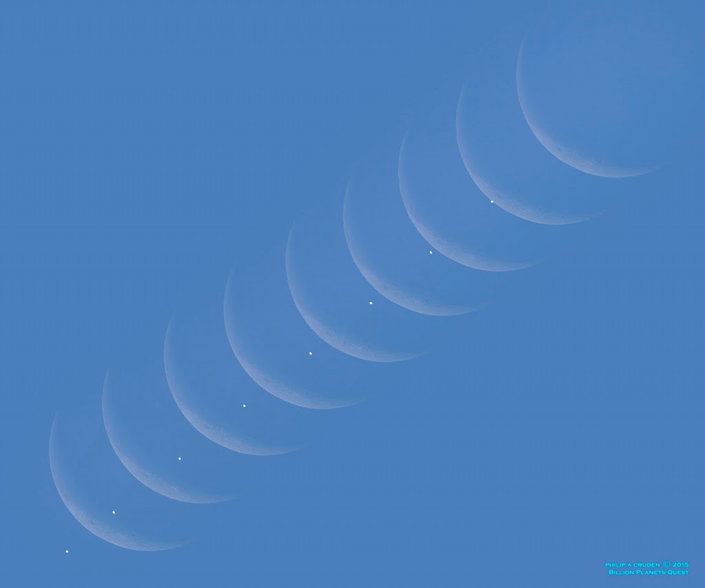 Von links unten nach rechts oben wandert die Venus hinter den Sichelmond. Beide sind am blauen Tageshimmel abgebildet.