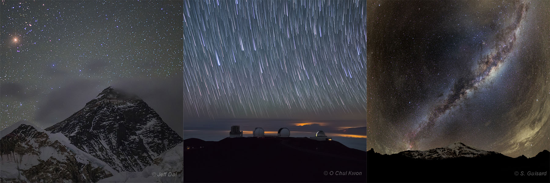Drei Bilder zeigen die höchsten Berge der Welt: Den Mount Everest, den Mauna Kea und den Chimborazo. Alle drei Gipfel wurden bei Nacht fotografiert. Das mittlere Bild zeigt das Observatorium auf dem Mauna Kea und Strichspuren am Himmel.
