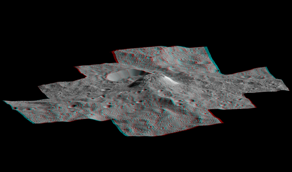 Dieses Anaglyphenbild zeigt den riesigen Berg Ahuna Mons auf dem Zwergplaneten Ceres. Das Bild wurde von der Raumsonde DAWN aufgenommen. Links hinter dem Berg ist ein Krater erkennbar.