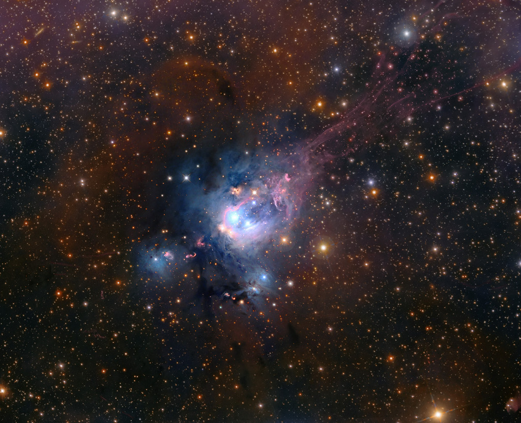 Hinter dicht verteilten rötlichen Sternen leuchtet ein blauer Nebel mit hellen Sternen und rosaroten Strukturen.