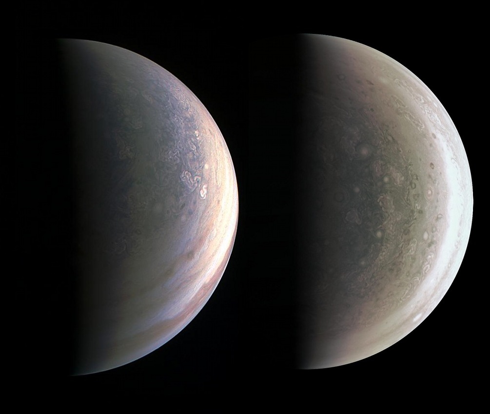 Zwei Bilder zeigen Jupiters Nordpol (links) und Südpol je zur Hälfte beleuchtet. Andere Raumsonden und Teleskope auf der Erde können die Polregionen von Jupiter nicht abbilden.